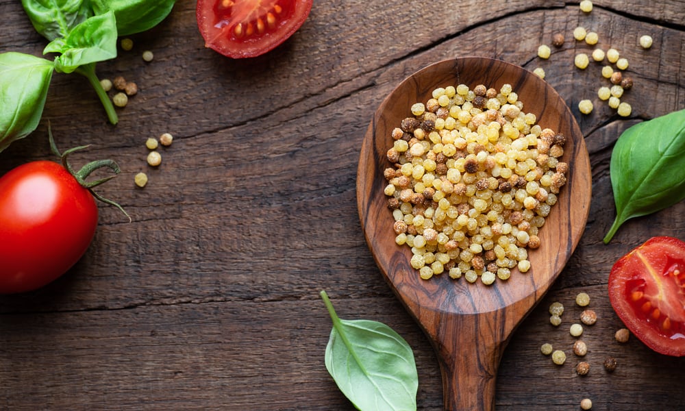 Fregola sarda with roasted tomatoes and homemade pesto