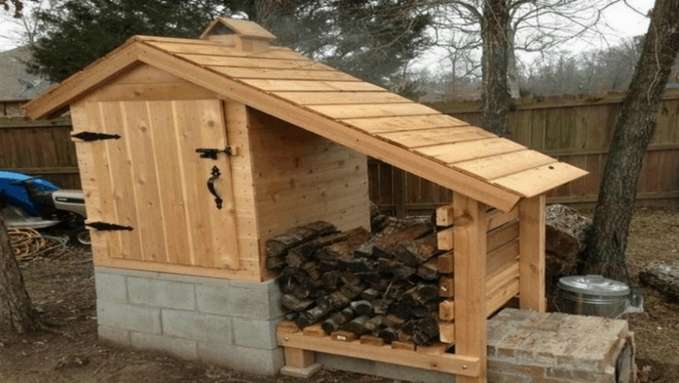 DIY Smokehouse Made from Cedar with Attached Firewood Storage Area
